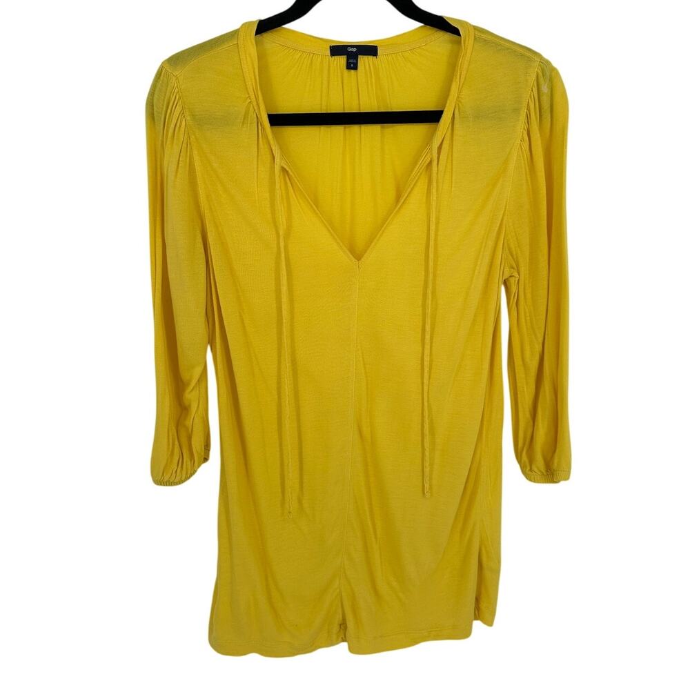 Gap Bright Yellow V-Neck Blouse 3/4 Sleeves Tie Neck Summer Boho Peasant Small S
